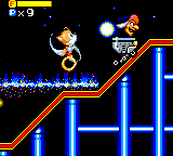 In-game screenshot of the final stage of Tails' Skypatrol, Dark Castle, showing Tails flying in mid-air while pursuing an elderly human witch riding a minecart.