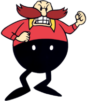 North American artwork of "Doctor Robotnik" from the early 1990s. His glasses are noticeably replaced by completely black eyes and his gloves are missing.