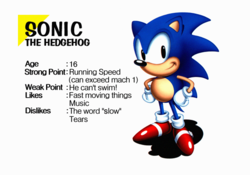 In-game screenshot of Sonic Jam's profile of Sonic. The text reads "Age: 16; Strong Point: Running Speed (can exceed mach 1); Weak Point: He can't swim!; Likes: Fast moving things, Music; Dislikes: The word "slow", Tears"