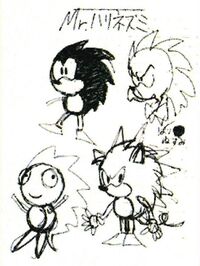 Black-and-white sketches featuring a cartoon character that would become Sonic.