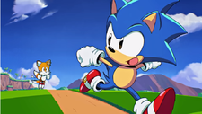 In-game screenshot of a Sonic Origins animated cutscene, showing Sonic running on a dirt road in a plain field with Tails following behind him.