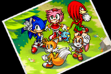 In-game screenshot of the Sonic Advance 3 bad ending, showing a picture of Sonic and his friends. Clockwise from top left: Sonic, Amy, Knuckles, Cream and Cheese, and Tails.