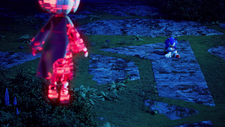 Screenshot of a Sonic Frontiers CG trailer, showing Sonic on the Starfall Islands at night encountering a floating humanoid figure with red wireframing, white skin and hair, and a black cloak and shoes.