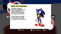 alt=In-game screenshot of Sonic Generations's profile of Sonic. The text reads "All spikes and speed, Sonic the Hedgehog is the fastest hedgehog in the world- big on attitude and with a big heart to match. Like the wind, he's always on the move, living a life of excitement and adventure."