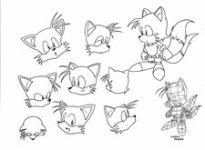 Various sketches of Tails during his development, depicting him in various expressions.