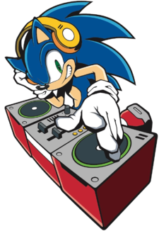 Stock artwork of Sonic wearing headphones and using a DJ set.