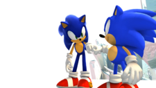 In-game screenshot of a Sonic Generations cutscene, showing the two Sonics fist-bumping each other in White Space. The older, taller Modern Sonic is on the left, while the shorter and younger Classic Sonic is on the right.