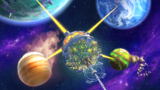 Screenshot of the Sonic Colors CG intro cutscene, showing four different planets attached to a gargantuan amusement park in space.