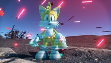 Screenshot of Sonic Frontiers, showing Tails in a semi-transparent, glitchy, blueish effect on a gray, barren land.