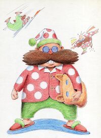 Illustration by Naoto Ohshima of a mustachioed man in pajamas that evolved into Doctor Eggman.