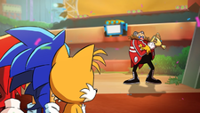 Screenshot of the Team Sonic Racing Overdrive episode "Eyes on the Prize" depicting Eggman dancing in front of Team Sonic after stealing their trophy.