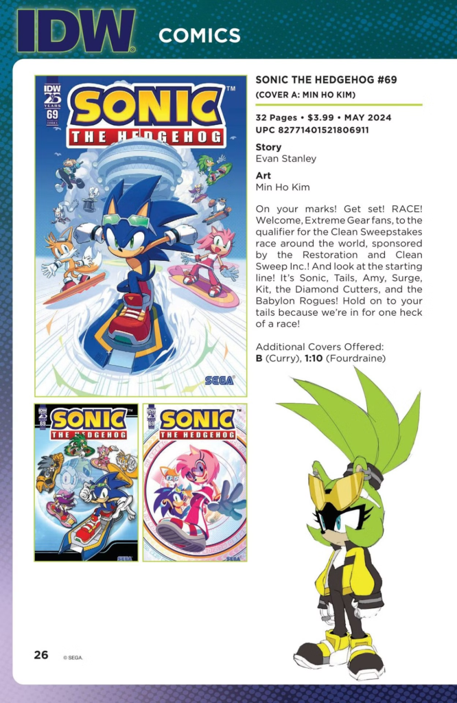 SONIC THE HEDGEHOG #69
(COVER A: MIN HO KIM)
On your marks! Get set! RACE! Welcome, Extreme Gear fans, to the qualifier for the Clean Sweepstakes race around the world, sponsored by the Restoration and Clean Sweep Inc.! And look at the starting line! It's Sonic, Tails, Amy, Surge, Kit, the Diamond Cutters, and the Babylon Rogues! Hold on to your tails because we're in for one heck of a race!
Additional Covers Offered: B (Curry), 1:10 (Fourdraine)
Story Evan Stanley
Art Min Ho Kim
32 Pages • .99 • MAY 2024
UPC 82771401521806911