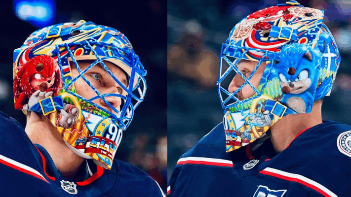 NHL Goalie Elvis Merzļikins Debuts Stunning Sonic and Knuckles Mask Designed for His Son
