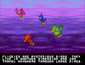 Pink, Red, Blue and Green Flickies as seen in the Sega Genesis version of Sonic 3D Blast